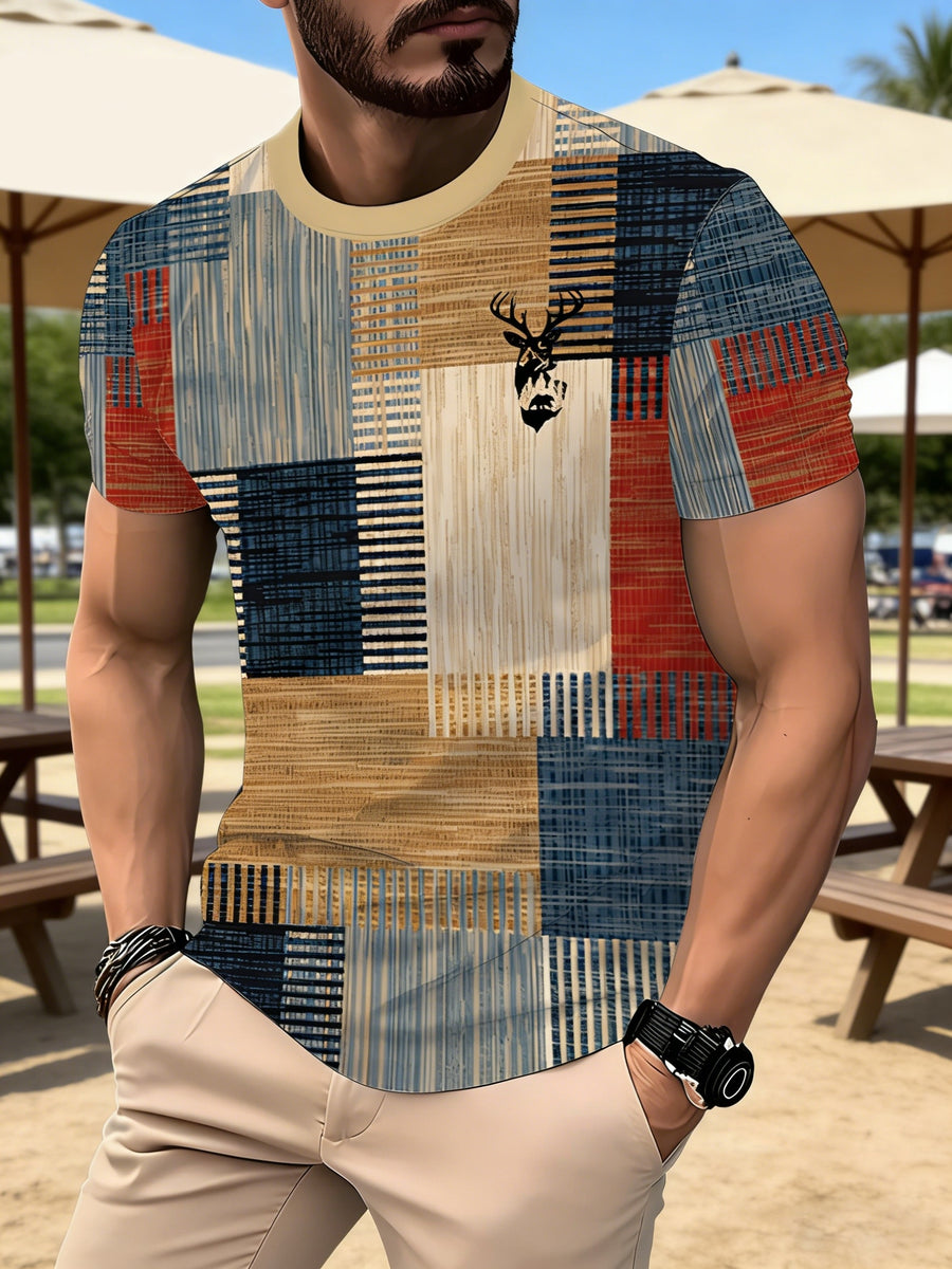 Men's Casual Deer Head Print - Digital 3D Print Patchwork Color Block Shirt - Breathable Short Sleeve Top, Color Block Collar, Machine Washable Regular Fit, Fashion Design |Durable Fabric - Mixed colors