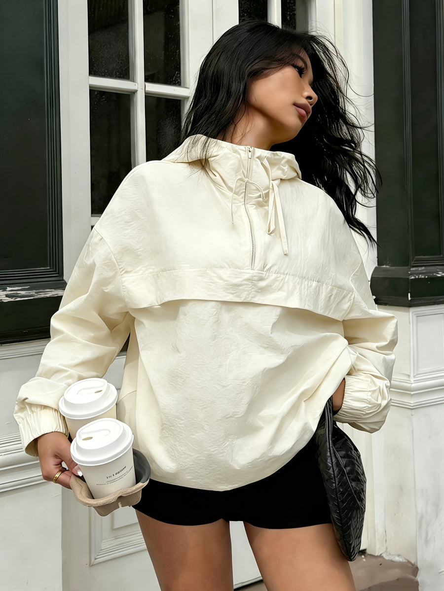 Casual Hooded Lightweight Jacket Top Women'S Easy Half-Zip Loose Pullover Outerwear Daily Commute Lazy Style Long Sleeve Top Versatile Drop Shoulder Outerwear Trendy Street Style Basic Style Long Sleeve Jacket [NS702] - Off-white