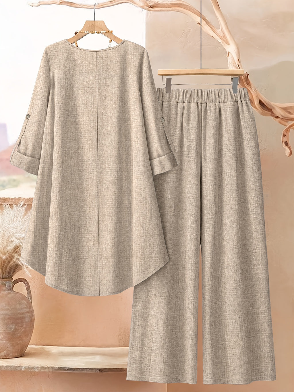 Women'S Fashion Solid Irregular Hem Design Top And Casual Wide-Leg Pants 2pcs Set, Daily Elegant - Khaki