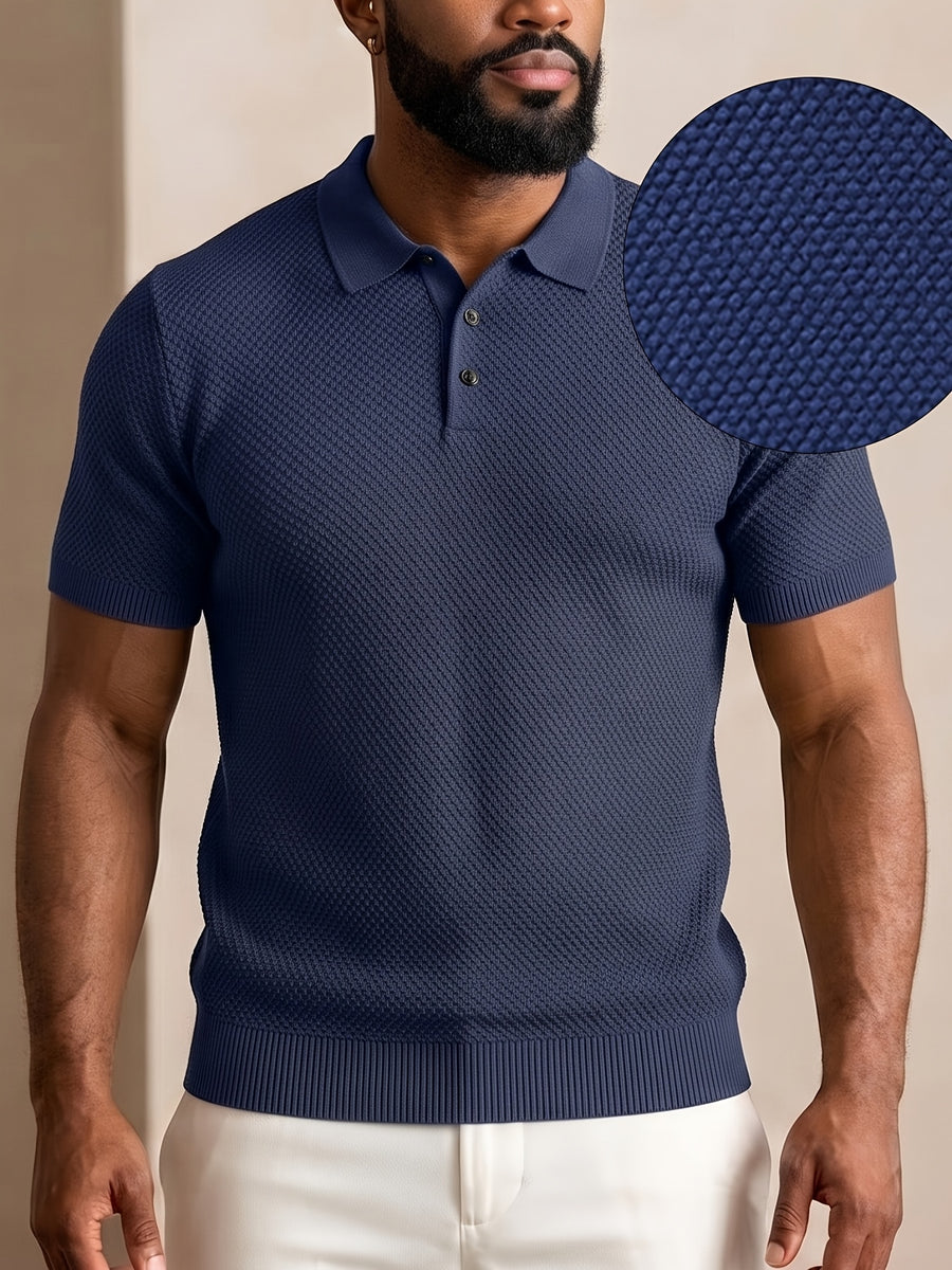 Men's Mature Business Style Knit Polo Shirt, 100% Pure Fabric, Breathable and Skin-friendly. Honeycomb Texture Jacquard Design, Simple Solid Color, Paired with a Three-button Lapel Collar, Clean Cut for a Flattering Fit. Suitable for Summer Commuting - Navy