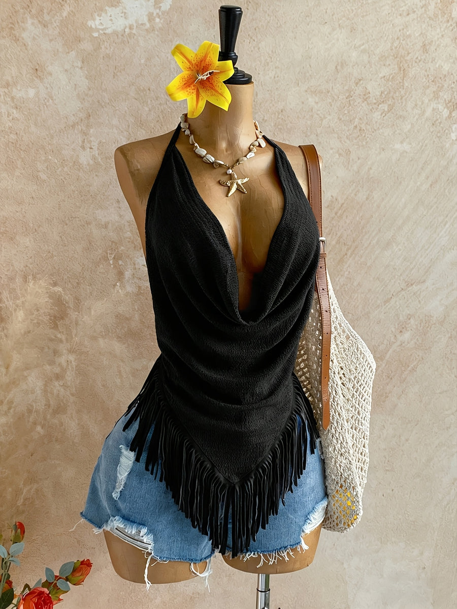 Cross-border Fashion Women's Summer Vacation Casual New Texture Sleeveless Top with Patchwork Fringe Trim and Swing Neckline, Bohemian Beach Style - Black