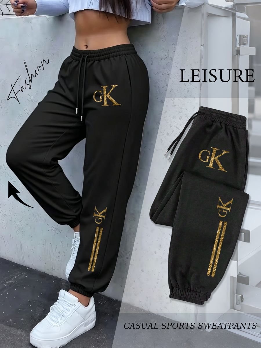 Women'S Drawstring Ankle-Cinching Sweatpants GK Letter Hot-Stamped Textured Striped Printed Casual Jogging Trousers - Black