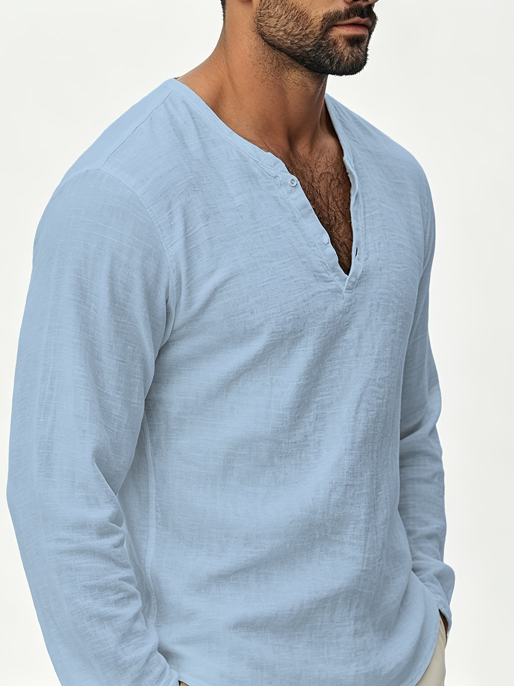Henley Shirt Men'S Linen Long Sleeve Seasonal Lightweight Breathable V-Neck Loose Beach Vacation Casual Top - Sky Blue