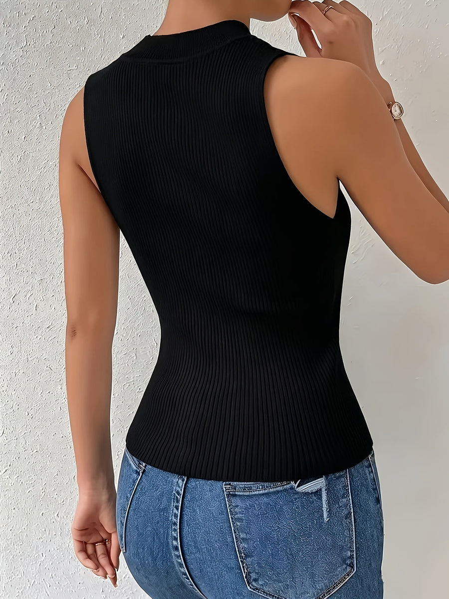 French Lace Elegant Patchwork Mock Neck Vest Top - Black