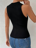 French Lace Elegant Patchwork Mock Neck Vest Top - Black