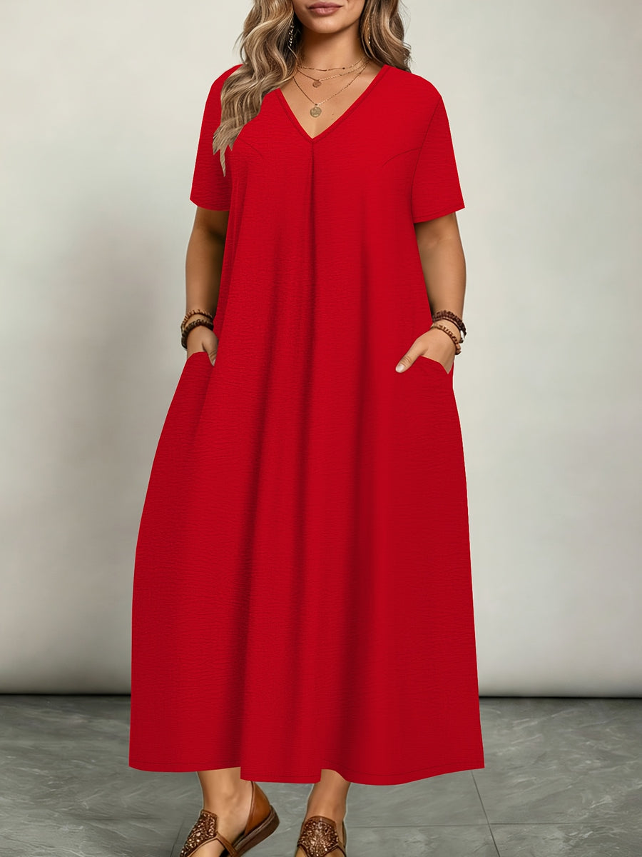 Plus Size - Plus Size - Women'S Elegant Casual Versatile Solid Color Dress, Vacation Style, Plus Size Women'S Clothing - Red
