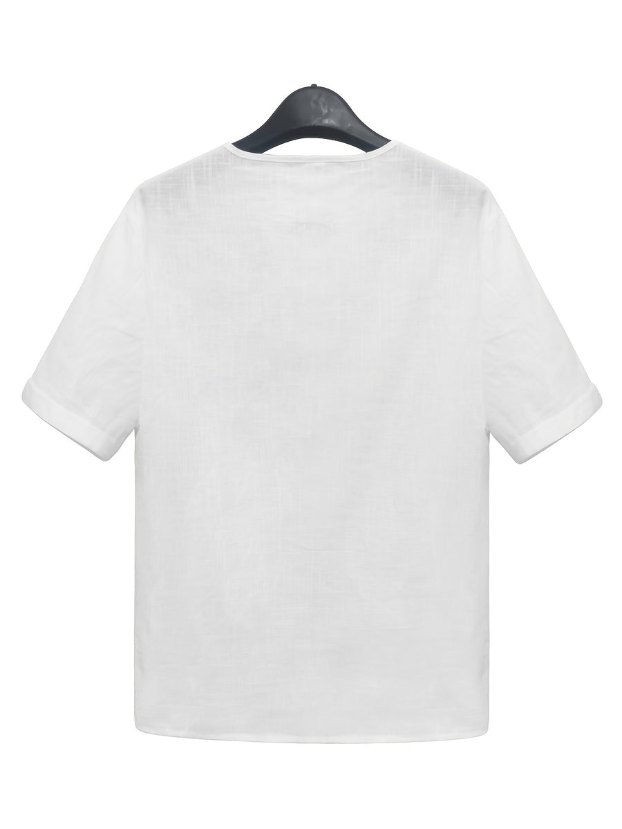 Men'S Lightweight White Short Sleeve V-Neck Button-Up Shirt - Retro Classic Fitted Style Summer Casual Top, Solid Color Breathable Fabric for Warm Weather - White