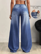 Plus Size, [Printed Pants - Not Denim Fabric] Printed Pants - Not Denim Fabric Plus Size Women's Clothing, Women's Stretchy Printed Wide-Leg Pants, Imitation Denim Fabric, Washed-Look Wide-Leg Long Pants, High-Waisted -Lifting and Figure-Flattering - Blue