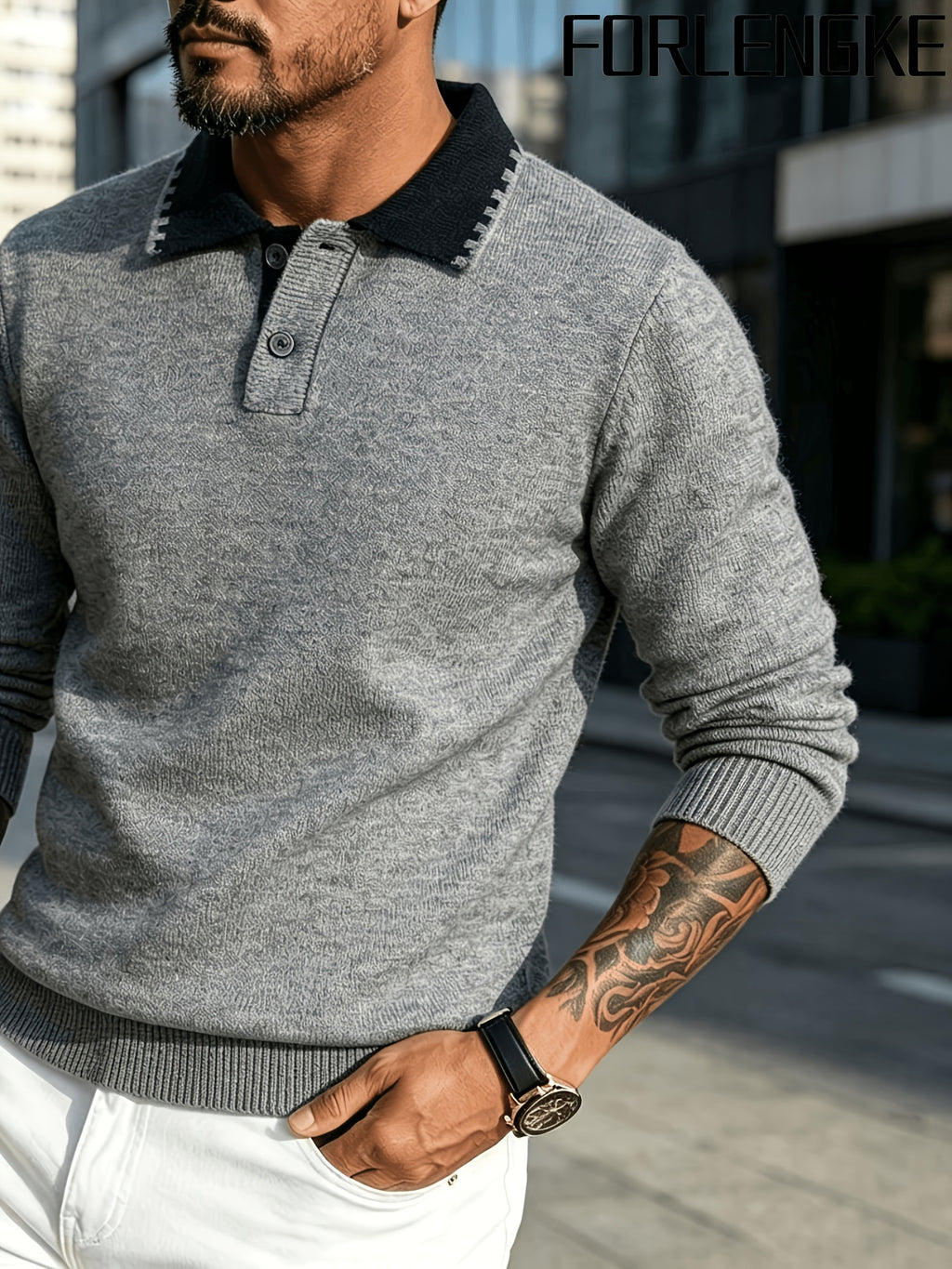 FORLENGKE Stylish Elegant Men'S Business Casual Color Block Lapel Polo Knit Sweater, Soft Skin-Friendly Thick Long Sleeve Pullover for Fall Winter Office Daily Wear - Grey