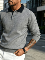 FORLENGKE Stylish Elegant Men'S Business Casual Color Block Lapel Polo Knit Sweater, Soft Skin-Friendly Thick Long Sleeve Pullover for Fall Winter Office Daily Wear - Grey