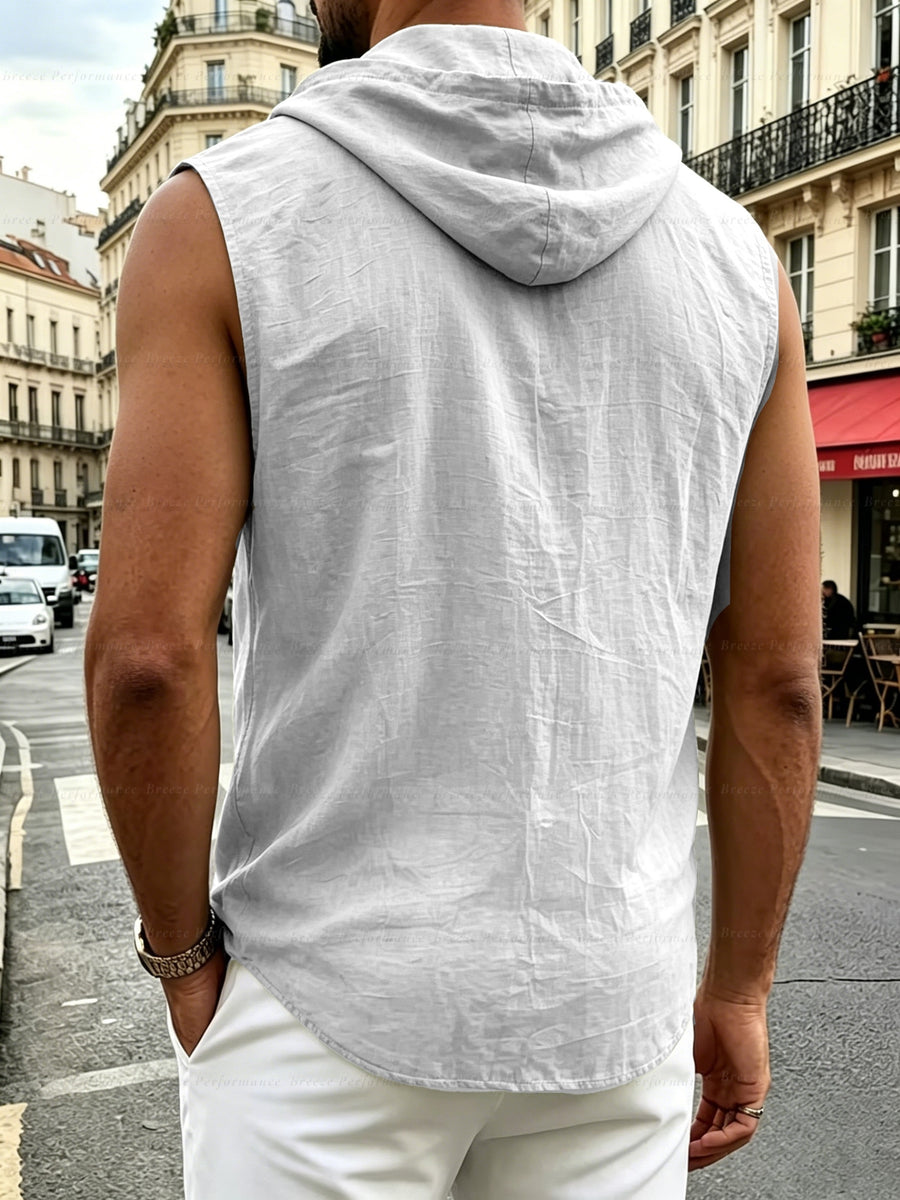 Pearson OBM Men's Sleeveless Hooded Shirt, Upgraded Textured Comfortable and Breathable Fabric Hooded Vest, Men's Linen Fashion Hoodie, Summer Top Casual and Lightweight with Button and Drawstring, Suitable for Outdoor Activities, Beach, and Coast - MT White