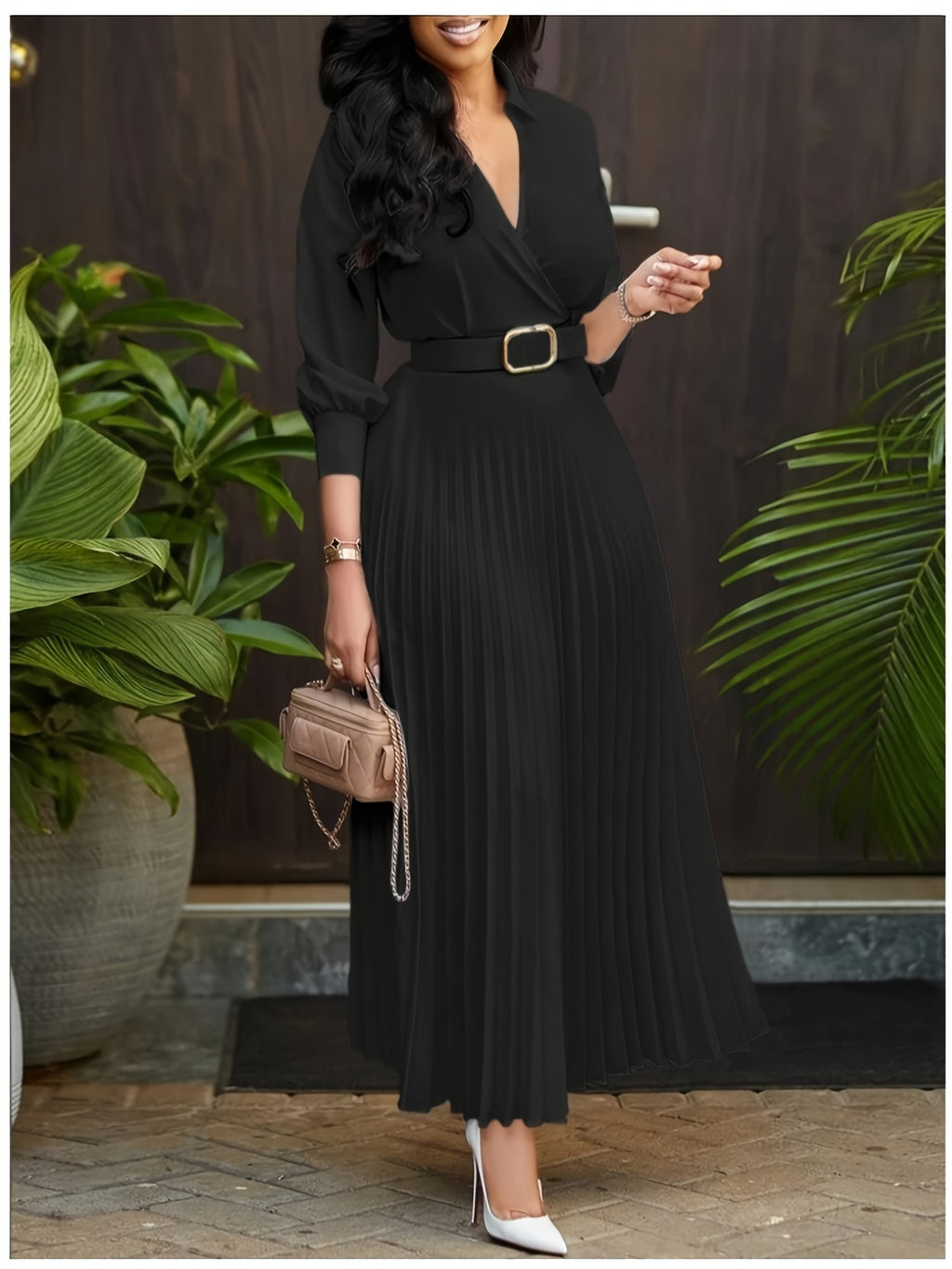 Elegant Refined Women'S Neckline Long Sleeve Waist-Cinching Pleated Maxi Dress Bridesmaid Gown Fashion Temperament Item Suitable for Commute Dating Party Daily Wear Dress Women - Black