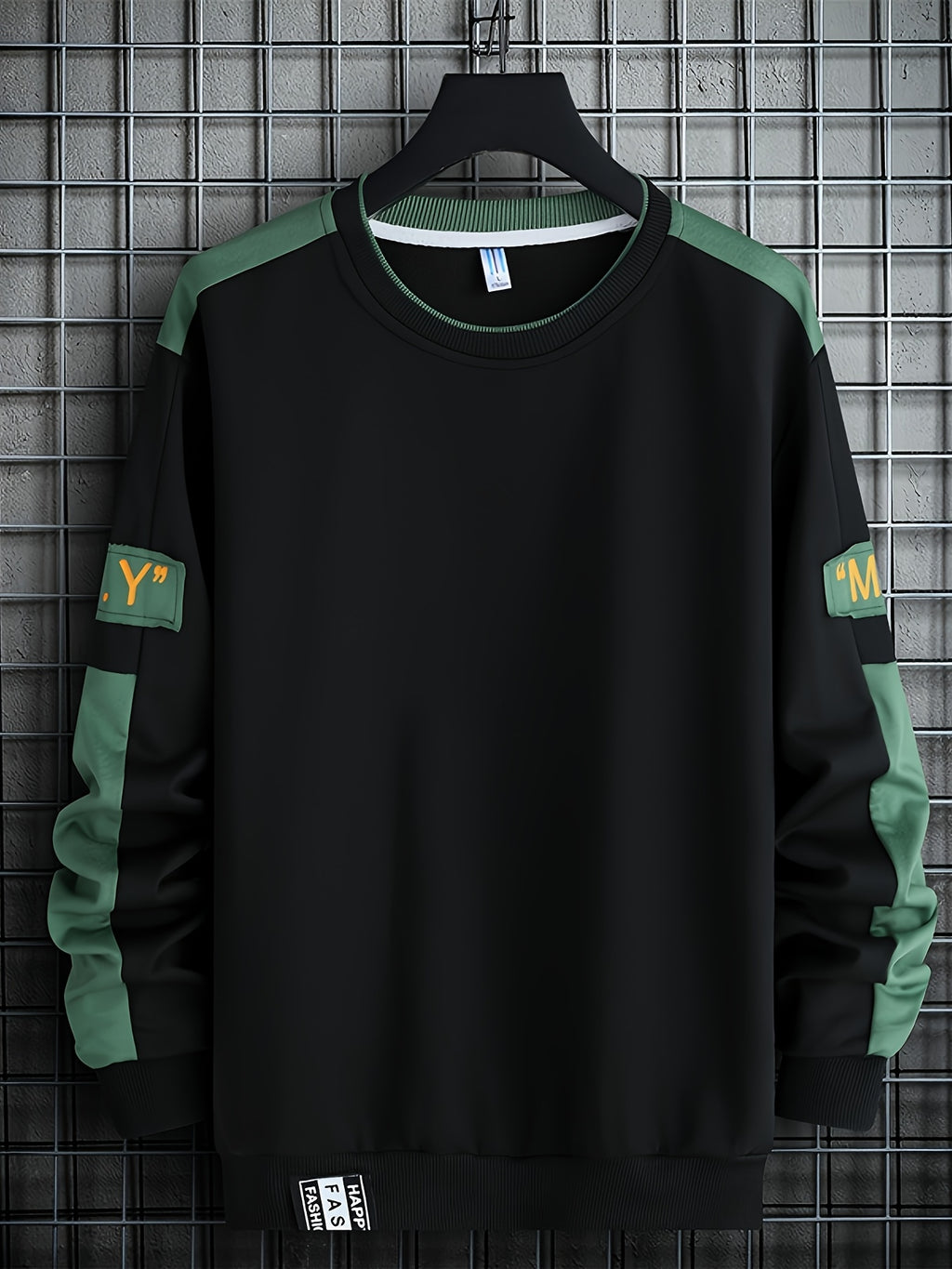 1pc Men's Casual Sportswear Top, Pullover Fashion Long Sleeve, Suitable for Spring and Autumn Outdoor Daily Running, Color-Block Letter Men's Sweatshirt - Black