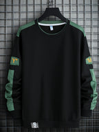 1pc Men's Casual Sportswear Top, Pullover Fashion Long Sleeve, Suitable for Spring and Autumn Outdoor Daily Running, Color-Block Letter Men's Sweatshirt - Black