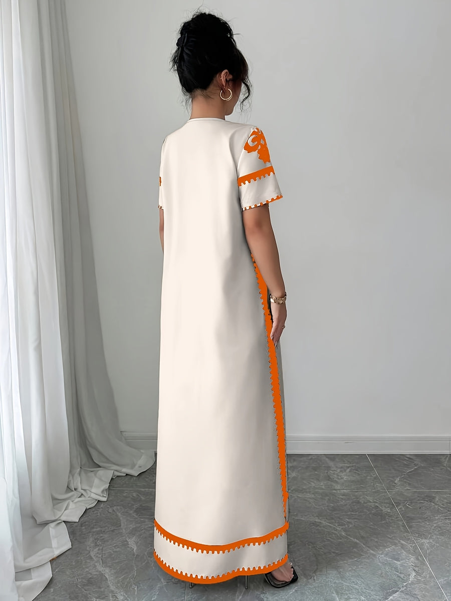 Middle Eastern Ramadan Themed Elegant Spring And Summer Party Dress with a V-Neck Short Sleeves And Paisley Print - Orange