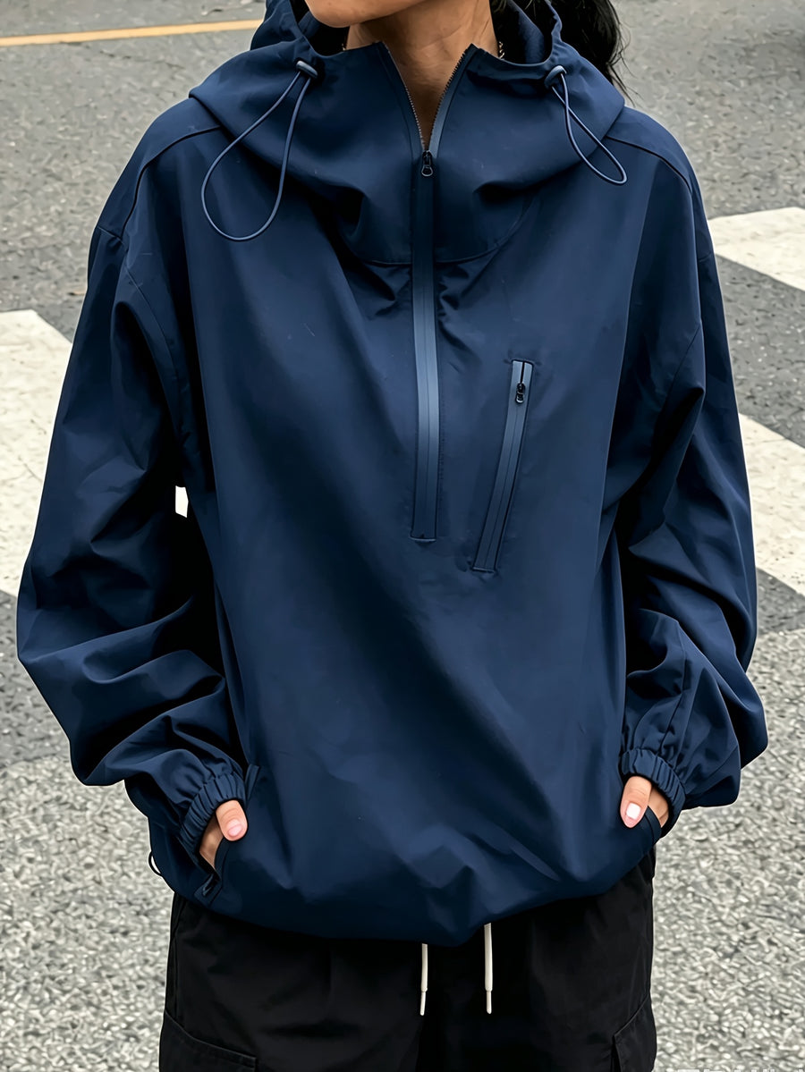 American Retro Half-Zipper Hooded Pullover Outdoor Work Jacket Women'S Spring Loose Design Pullover Jacket Casual Versatile Top - Navy Color