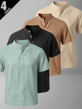4pcs Men'S Casual Striped Linen Blend Henley Shirts, Breathable Short Sleeve Summer Tops, Suitable for Daily, Beach, And Vacation - Color Mixing 5