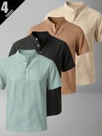 4pcs Men'S Casual Striped Linen Blend Henley Shirts, Breathable Short Sleeve Summer Tops, Suitable for Daily, Beach, And Vacation - Color Mixing 5