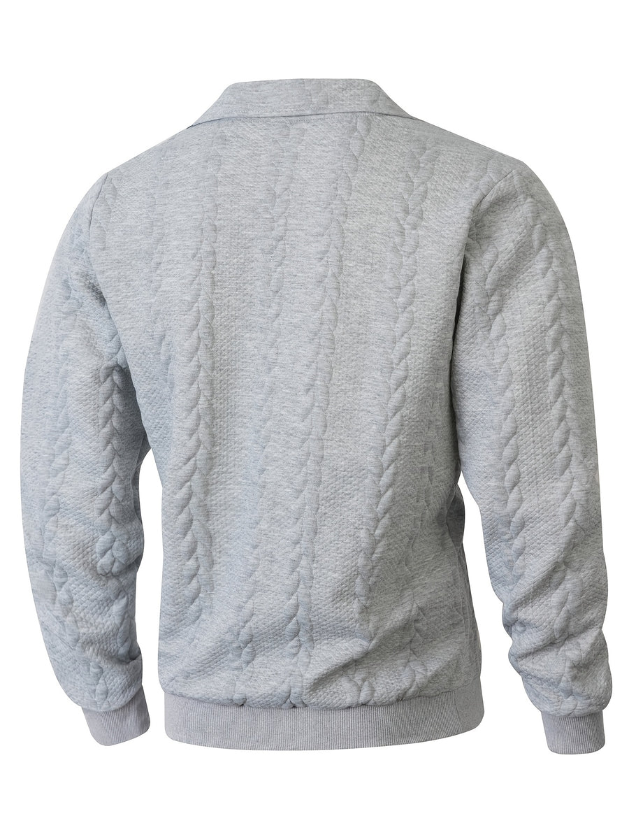 Men's Lapel Jacquard Knit Sweater for Spring, Autumn, and Winter, Casual Long-Sleeve Half-Open Front Zipper Fashionable Versatile Knit Outerwear Sweatshirt - Light Grey