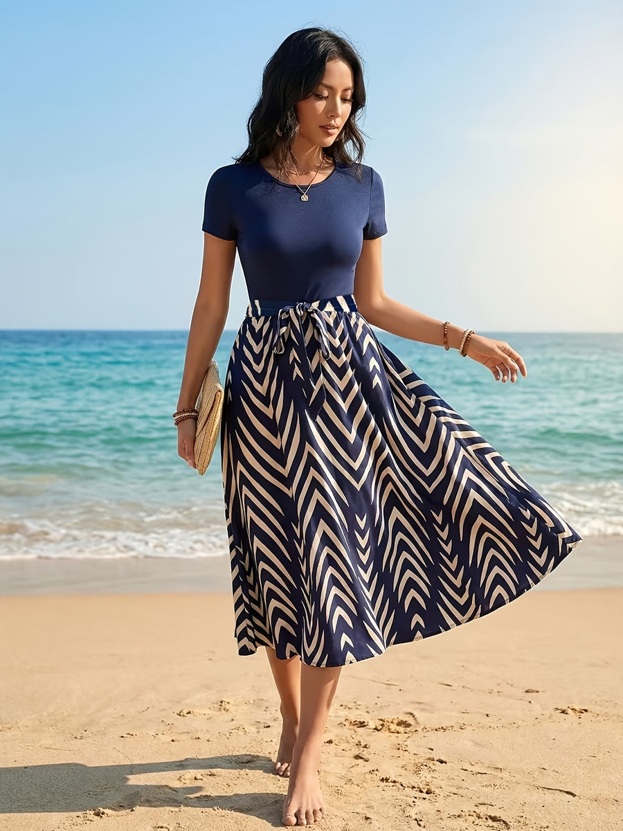 Ladies' Elegant Skirt, Striped, Midi Length, Machine Washable, Pilling Resistant, Easy to Wear, Ready Stock, - Royal Blue