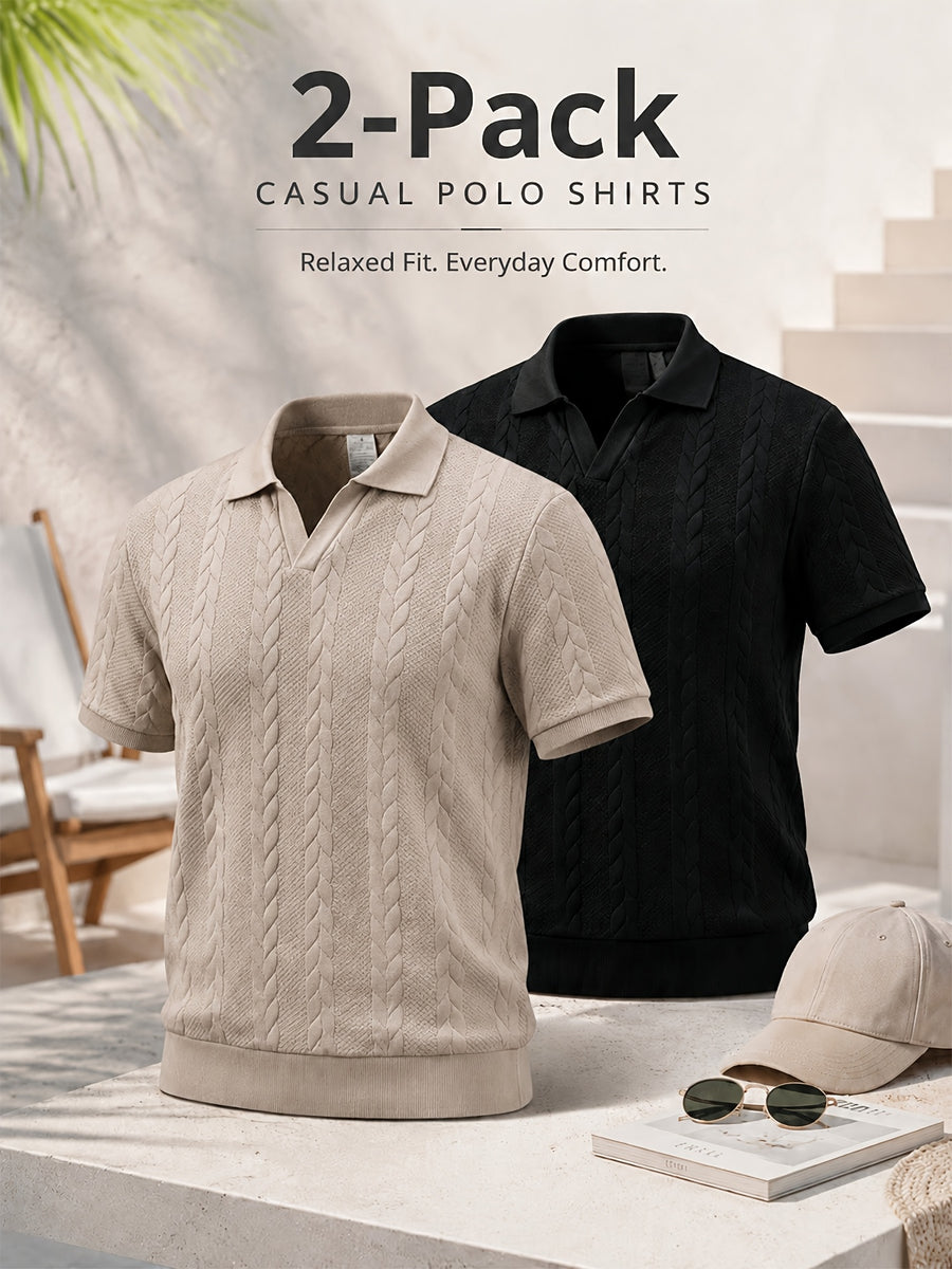 2pcs Men's Summer Jacquard Ribbed Lapel Loose Fit T-Shirt Golf Casual Business Versatile Knit Short Sleeve Polo Shirt - Khaki+Black