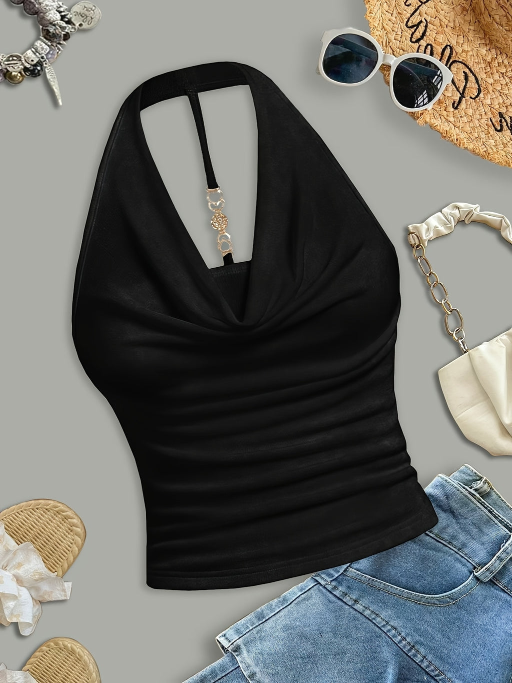 Women's Elegant and Fashionable Halter Neck Camisole with Draped Collar, a Slim-fit, Figure-flattering, and Sexy Solid-color Sleeveless Top - Black