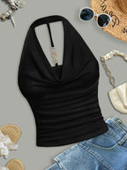 Women's Elegant and Fashionable Halter Neck Camisole with Draped Collar, a Slim-fit, Figure-flattering, and Sexy Solid-color Sleeveless Top - Black