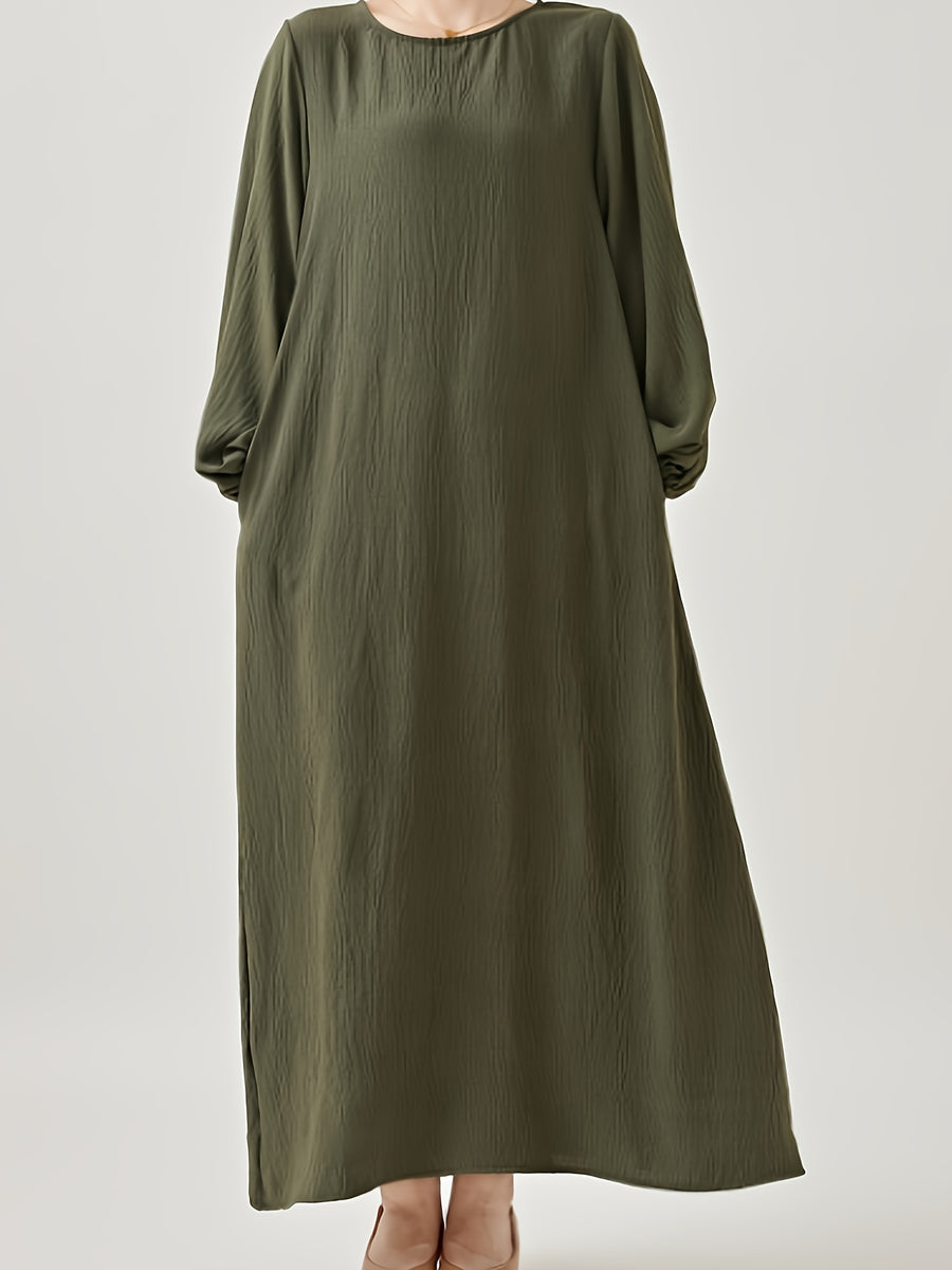 Comfortable & Casual Solid Color Muslim Dress with Bubble Pleats, Elastic Cuffs, and Flowy Hem - Polyester, Machine Washable - Olive Green