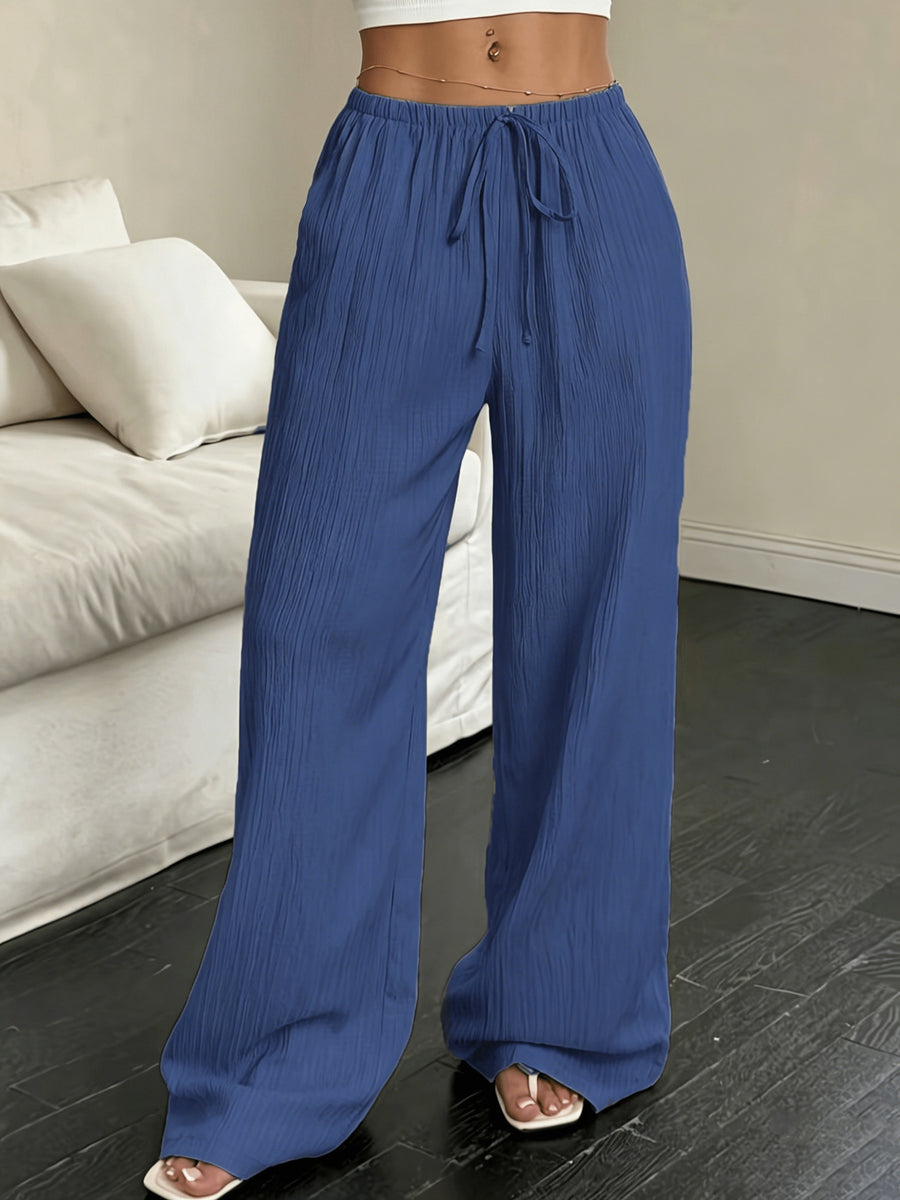HMY Relaxed Style Pleated Wide-Leg Pants, High-Waisted Breathable Long Pants for Home or Outdoor Wear + Tala - Peacock Blue