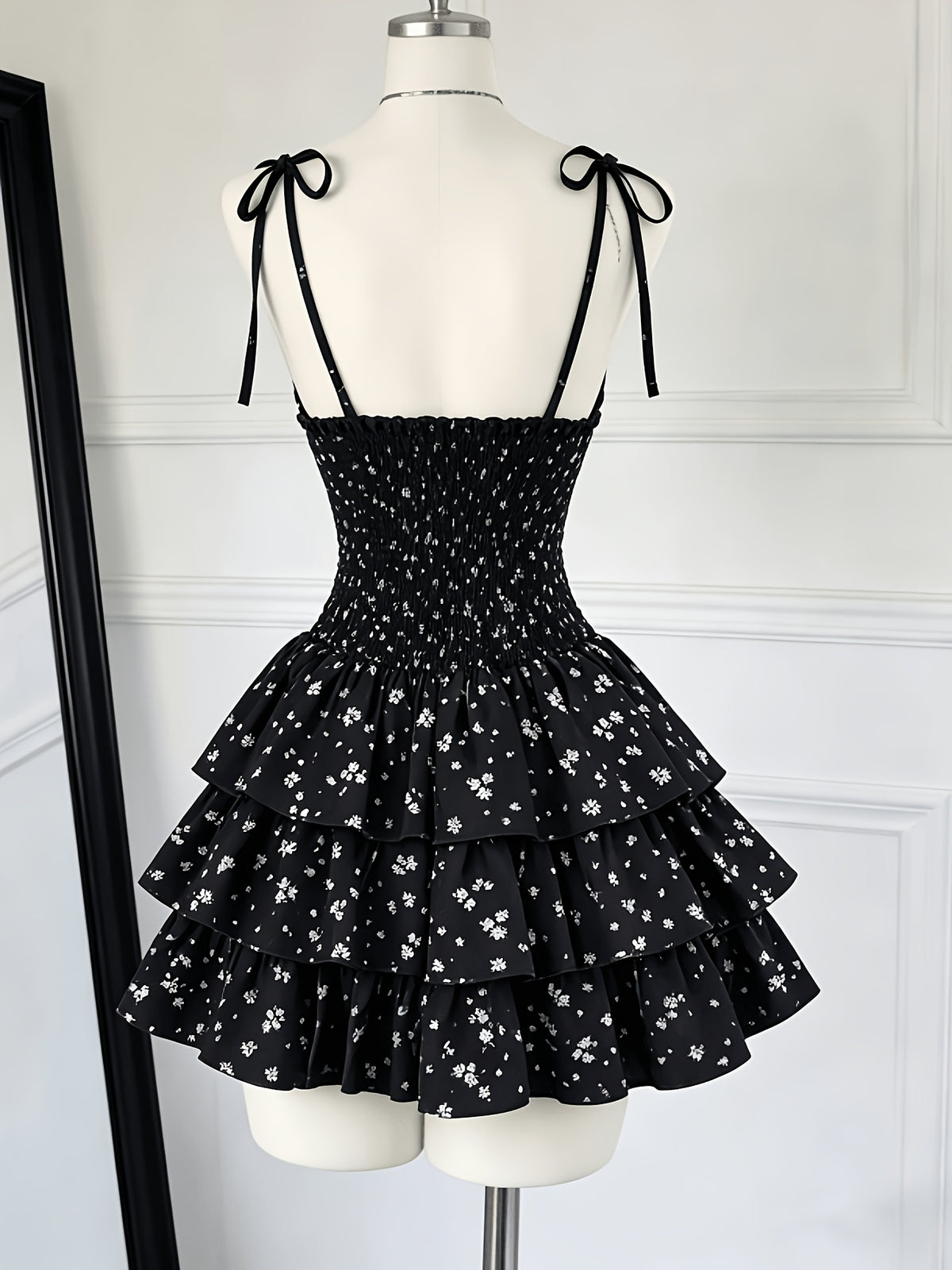 Women's Small Floral Print Spaghetti Suspender Dress - Black