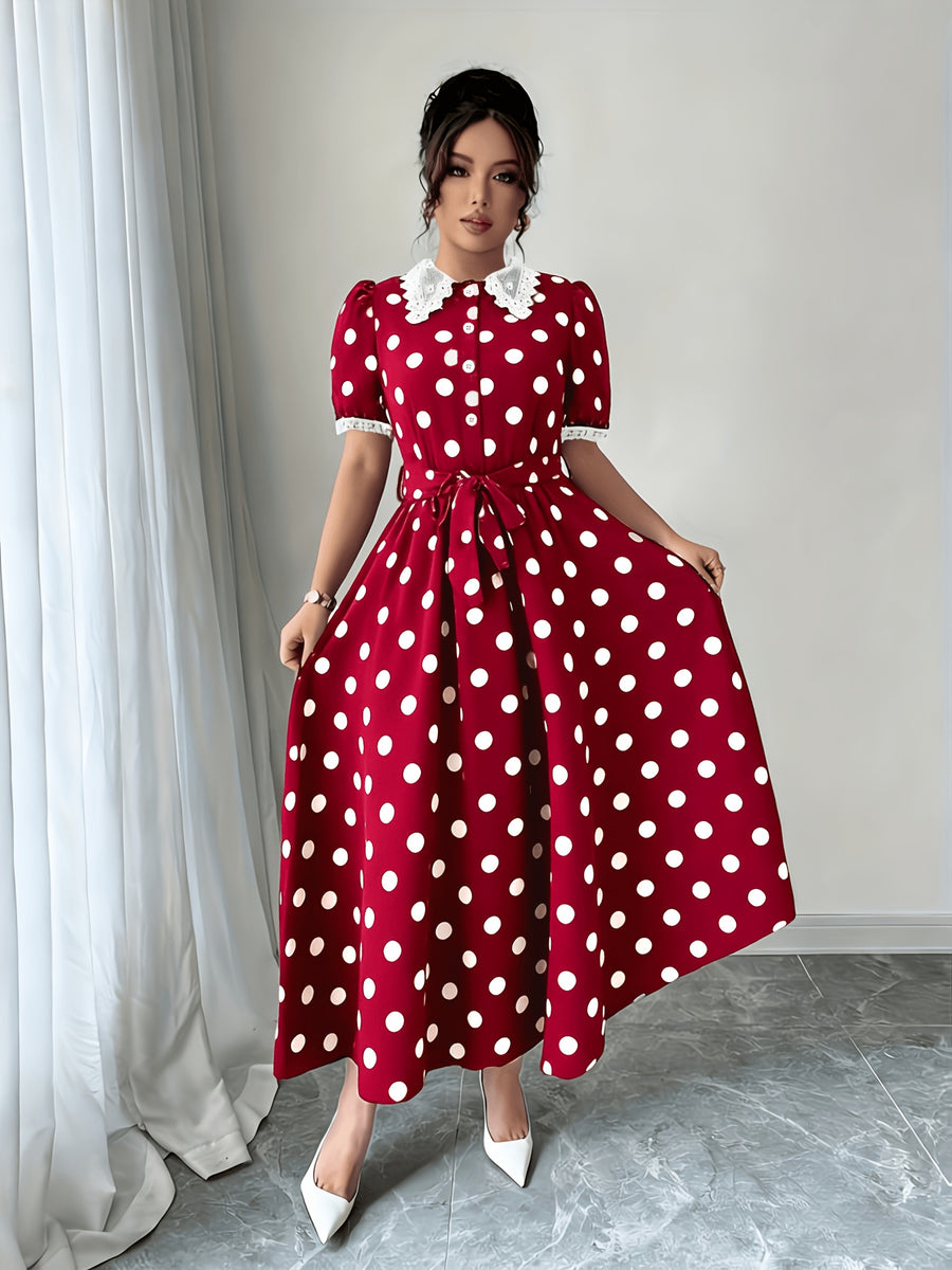 Elegant Lace-trimmed Polka Dot Color-block Long Dress with Waist Tie for a Fit - Burgundy