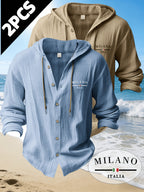 Zhiyu OBM 2pcs Men's Fashion Casual Beach Style Hooded Long Sleeve Open Front Cardigan | High-End Skin-Friendly Soft Shirt | 100% | Essential Golf Beach Polo Outfit | Breathable and Lightweight | for Indoor Gatherings and Outdoor Sports | Wardrobe - Apricot + Blue