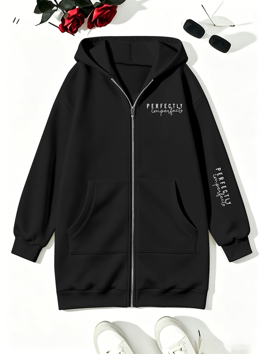 Loose-fit Mid-length Cardigan Hooded Sweatshirt with Letter Print - Black