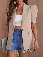 Spring And Summer New Solid Color Lantern Sleeve Jacket with Single Button Short Sleeves And Faux Pocket Suit. - Khaki