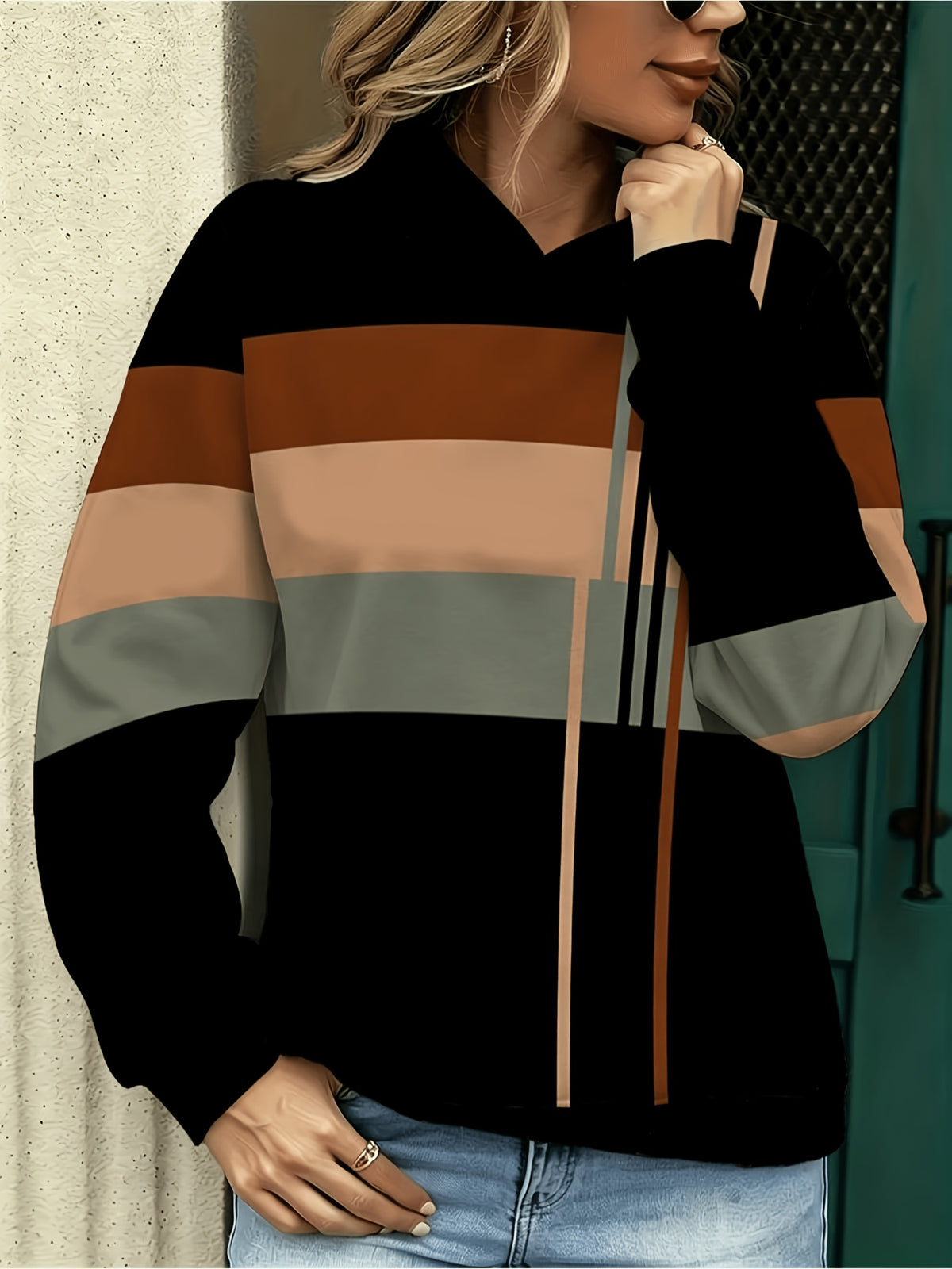 [Printed Design - Not Textured] Women'S Fashionable Hoodie, Contrasting Geometric Lines, Mixed Colors, Available in Various Sizes, Suitable for Daily And Outdoor Wear, Easy Abstract Design/Long-Sleeve And Sweatshirt/Casual Fit/ - Mixed colors