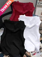 3pcs Men's Hooded Tank Tops - Korean Style Sleeveless Vests, Loose Fit Slimming Athletic Shirts Suitable for Summer Gym, Layering Base Layers, Machine Washable Solid Color Tops, Multi-Color Options for Casual & Outdoor Wear - Black+white+red