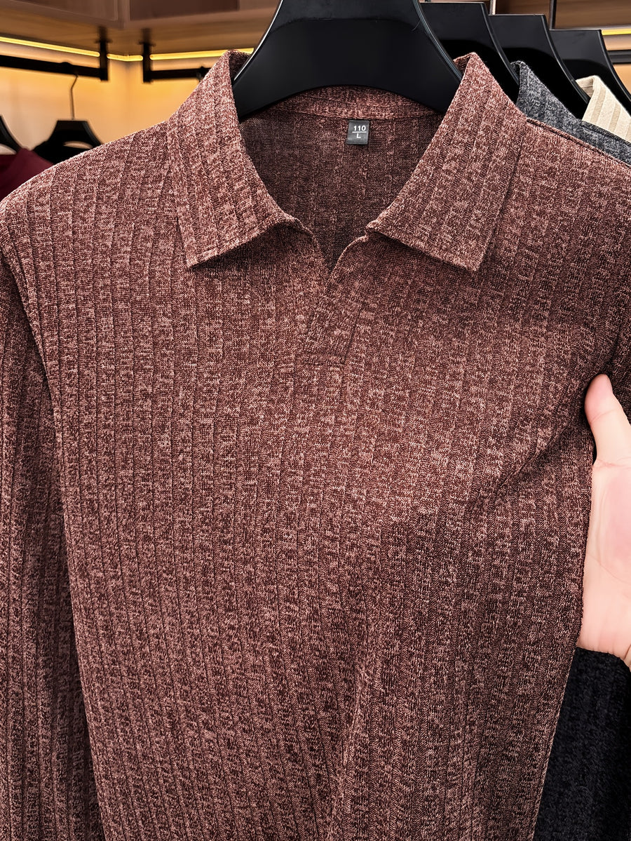 Men's Buttonless V-Neck Long-Sleeve Polo Shirt with Vertical Stripe Knit Lapel - Coffee Color