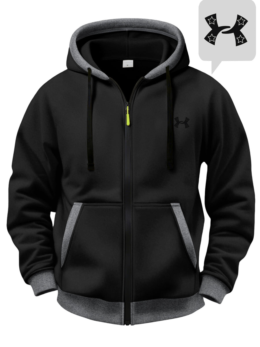 Men'S Color-Block Hooded Cardigan College Style Sweatshirt Casual Fashion Jacket Design Black Pattern Print Fleece Warm Autumn And Winter Long-Sleeved Top - Black