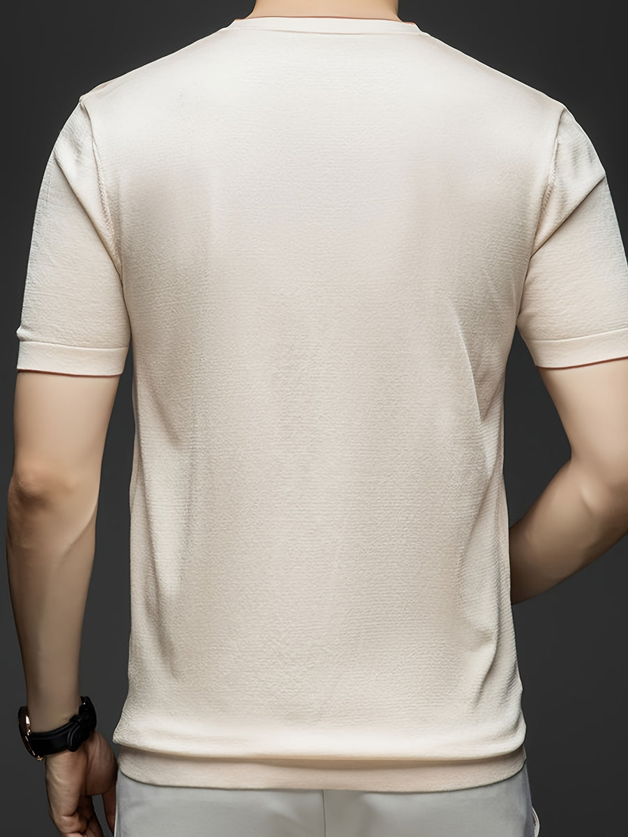 Men'S Summer Short-Sleeved T-Shirt, V-Neck Color-Blocking Details, a Slightly Slim Fit That Conforms to The Body, Showing Neat Lines Without Being Tight, Suitable for Daily Leisure/Weekend Travel Scenarios, And Light Social Scenarios - Beige Apricot