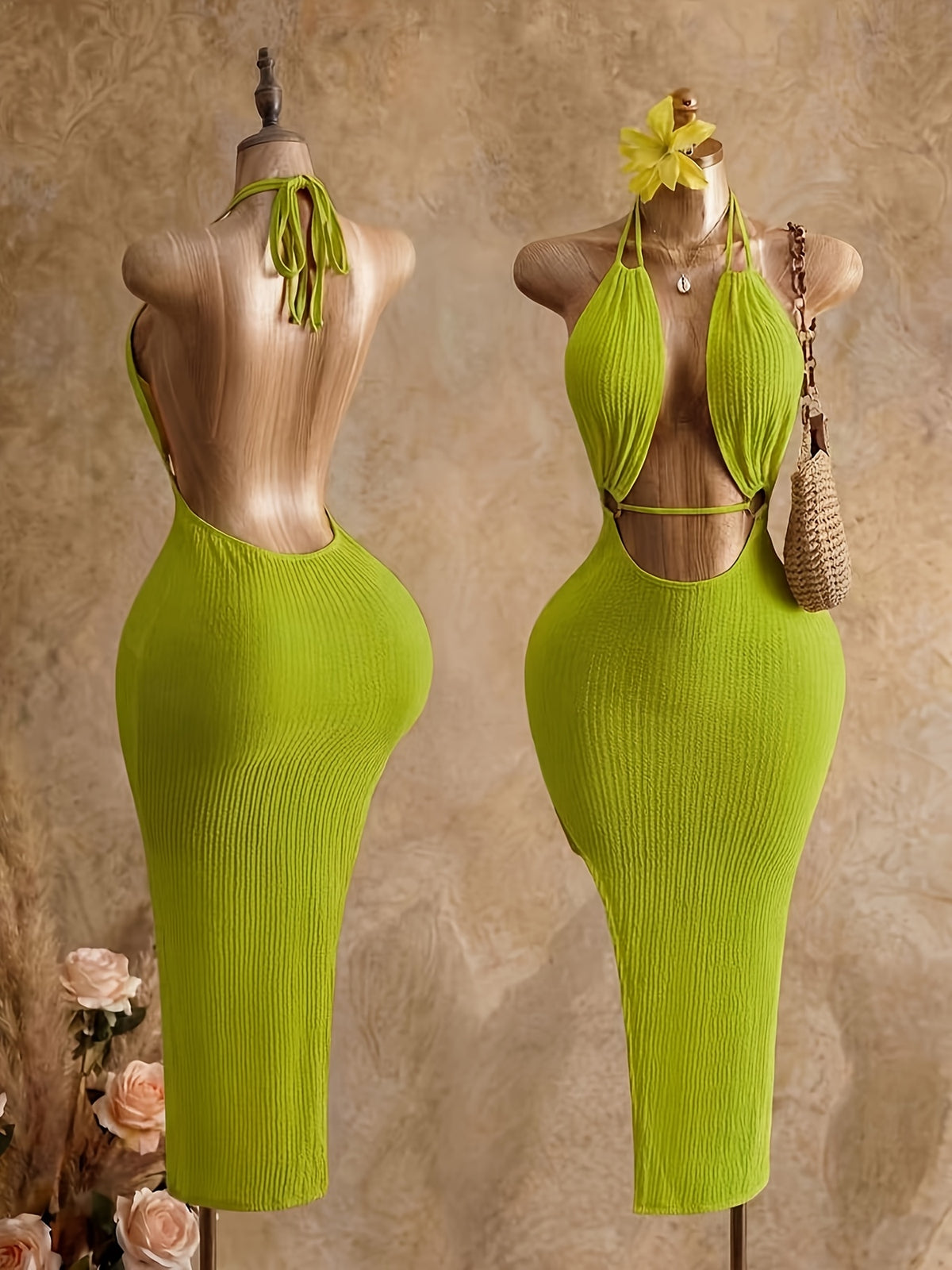 New Summer Women'S New Collection Halter Neck Backless Design Long Dress, Vacation Wear, Women, 2026 Fashion, Clothing, Slim Fit Suitable for Beach Vacations, Summer Vacation Wear, Holiday Clothing - Yellow-green
