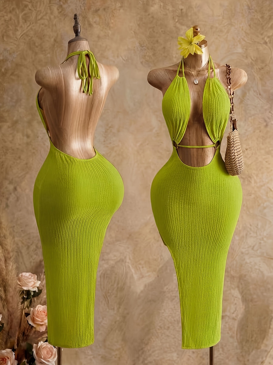 New Summer Women'S New Collection Halter Neck Backless Design Long Dress, Vacation Wear, Women, 2026 Fashion, Clothing, Slim Fit Suitable for Beach Vacations, Summer Vacation Wear, Holiday Clothing - Yellow-green