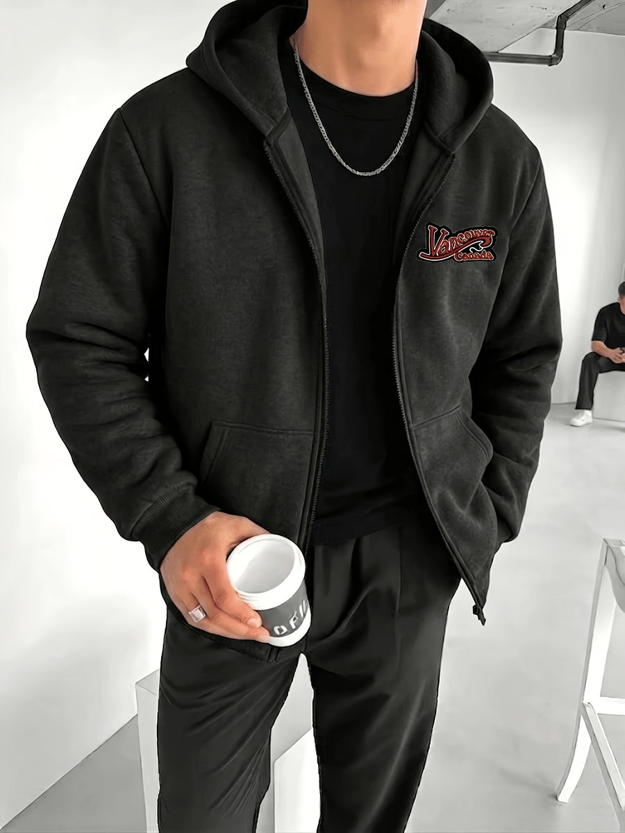 Men's Spring/Autumn Heavyweight Hooded Zip-Up Sweatshirt with Vintage Letter Print, Drawstring Cardigan Jacket, Three-Dimensional Cut with Kangaroo Pocket for a Slimming and Versatile Look, High-End Textured Basic Style for Commuting and Casual Wear - Black