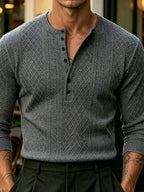 [Josh Mei OBM] Fall Winter Men'S Diamond Jacquard Henley Long Sleeve Sweater, Half-Button Placket Slim Fit Versatile Pullover Top, Suitable for Office, Street And Weekend Casual Wear Soft Knit Top, Multi-Color Options - Dark Gray