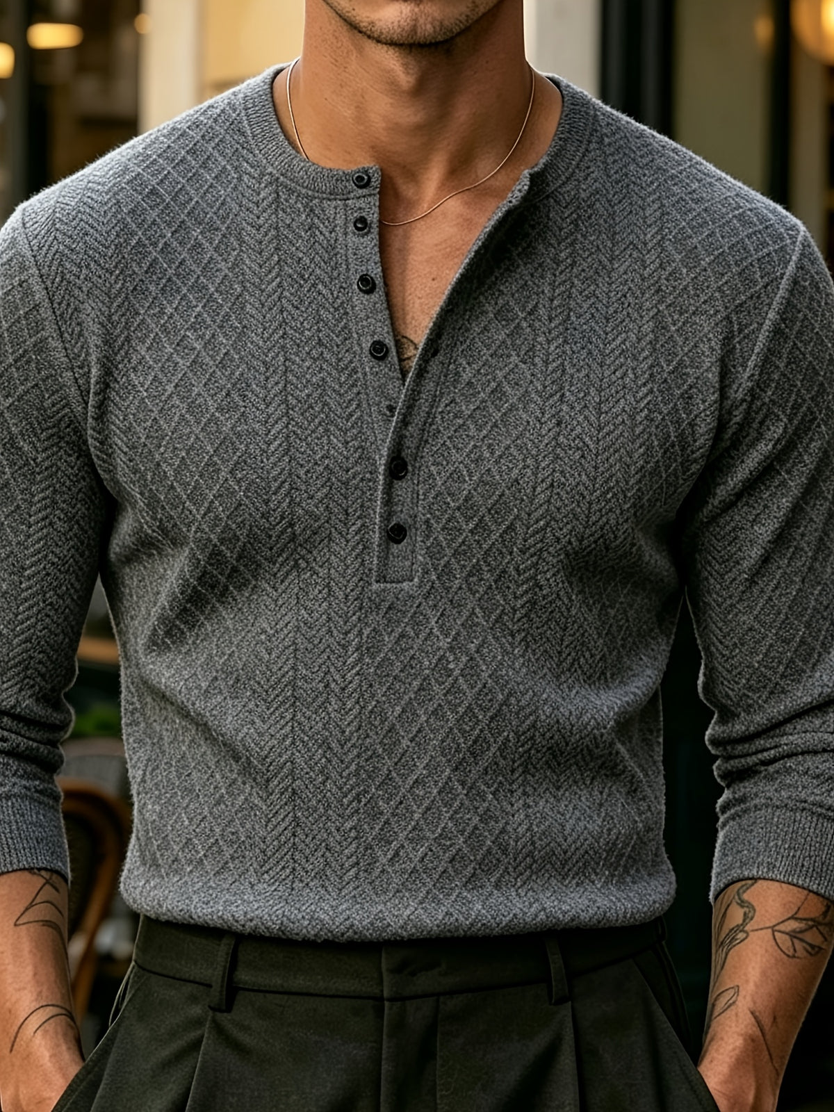 [Josh Mei OBM] Fall Winter Men'S Diamond Jacquard Henley Long Sleeve Sweater, Half-Button Placket Slim Fit Versatile Pullover Top, Suitable for Office, Street And Weekend Casual Wear Soft Knit Top, Multi-Color Options - Dark Gray