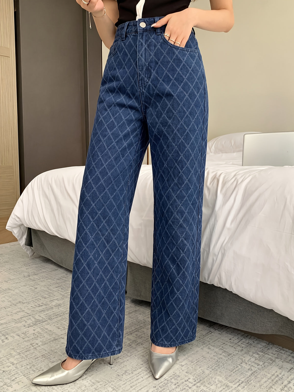 Trendy and Versatile, Stylish with Wide Legs, Comfortable and Elegant Women's Pants, 2026 New Denim Plaid Fashion Pants - Blue