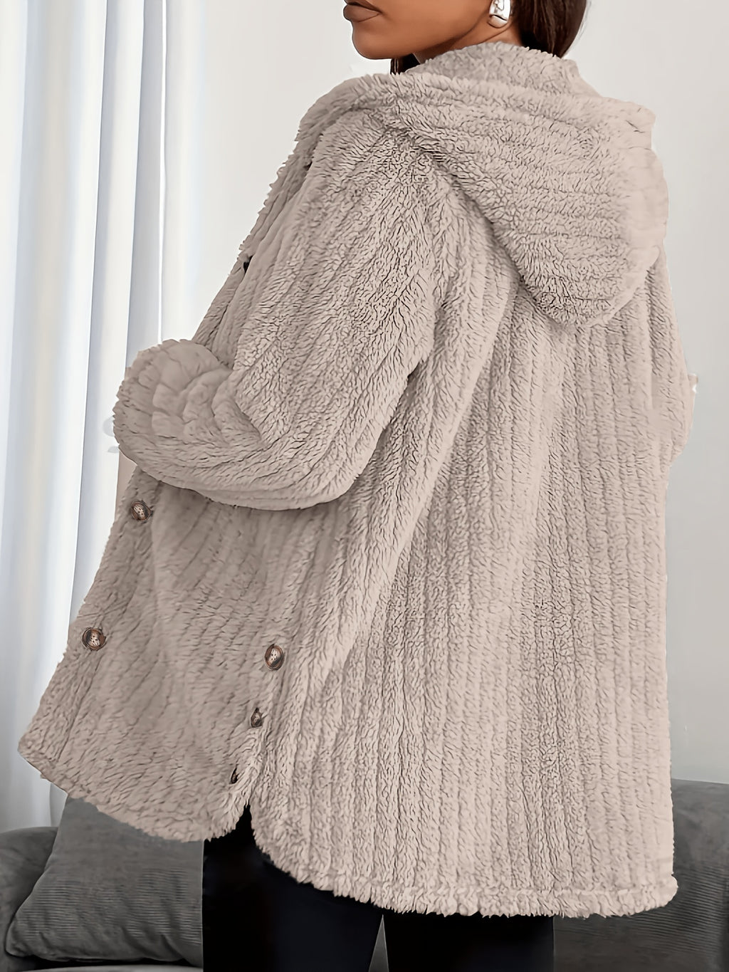 2026 Autumn Winter New Arrival, Solid Striped Jacquard Double-Faced Fleece Jacket, Regular Shoulder Long Sleeve, Hooded, Open Front, Hem Design, Mid-Length Plush Jacket, Easy And Comfortable, Essential Jacket for Autumn Winter - Khaki