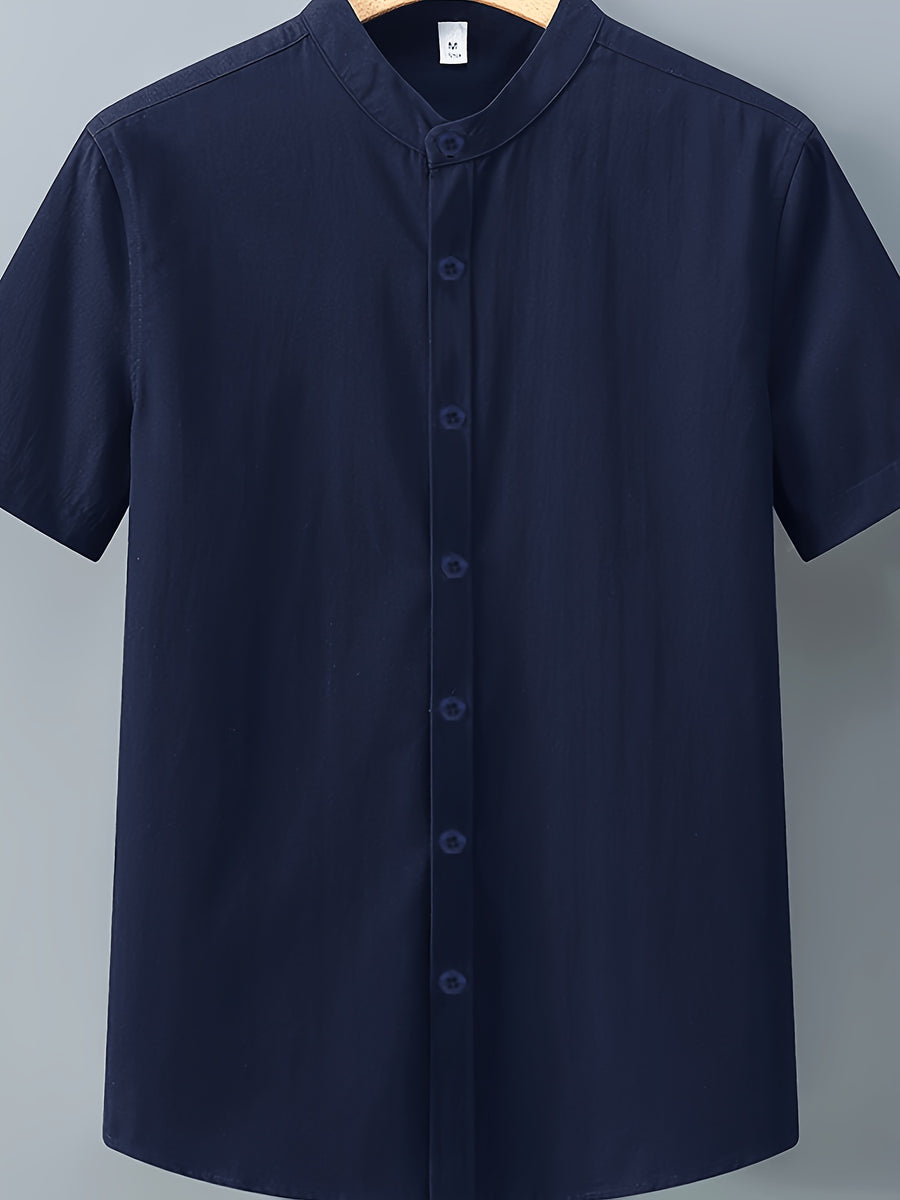 Single-piece Solid-colored Men's Short-sleeved Shirt, Classic Button-up Cardigan Style, Loose and Unrestricted, Available in Multiple Colors, Suitable for Office Wear, Casual Outings, and More. - Navy Color