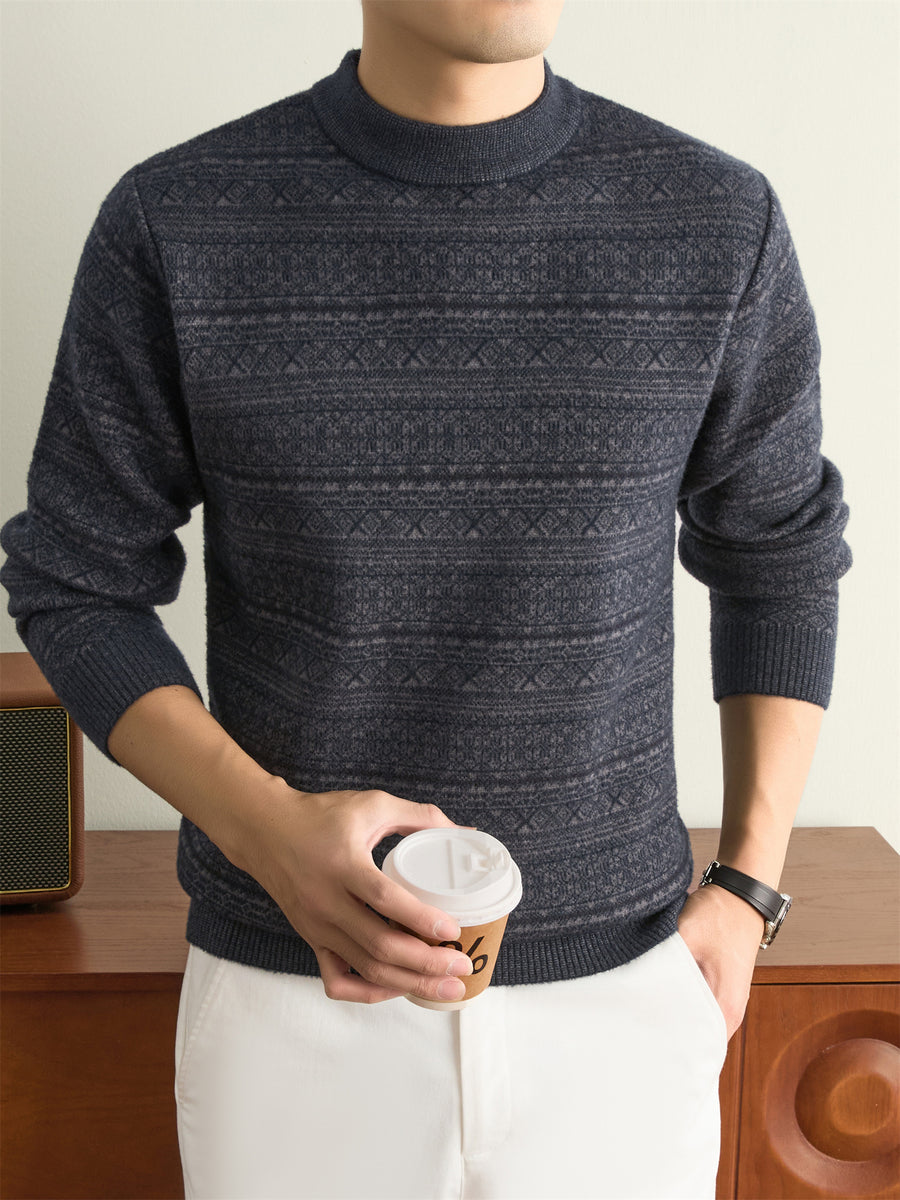 Autumn Winter Knit 3D Solid Round Neck Sweater, Basic Knit Pullover Top for Men, Fashionable Long Sleeve Sweater, Size Y - Black Gray