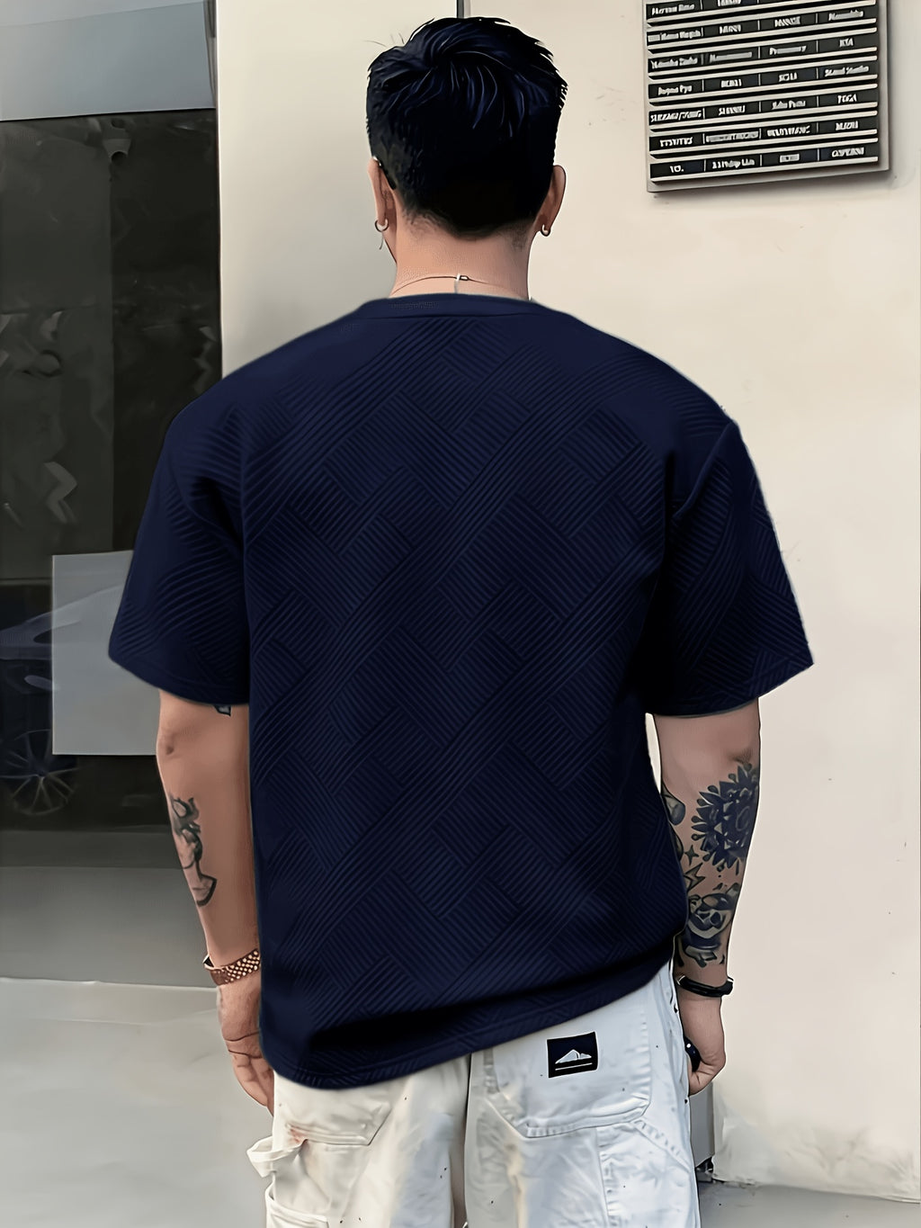 [Villa Le Water OBM] 3pcs Set Men'S Summer Fashion Round Neck T-Shirt, 3D Geometric Pattern Men'S Top, Comfortable And Versatile Short Sleeve, Suitable for Outdoor Street, Daily Casual, Outdoor Sports - White+Dark Green+Navy Blue