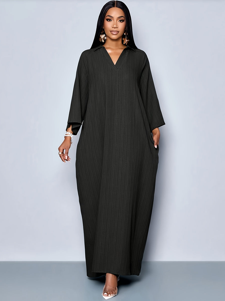 Spring Summer Women'S Fashion Elegant V-Neck Loose Batwing Sleeve Beltless One-Piece Dress - Black